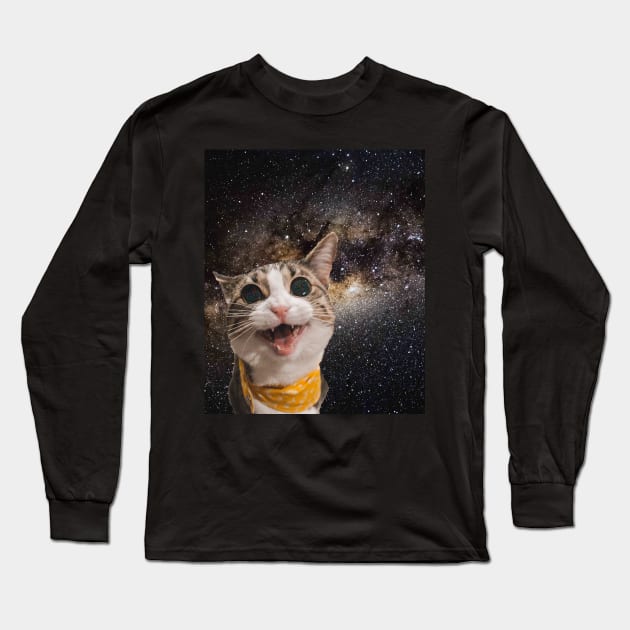 Cute Astro Space Cat In Universe Long Sleeve T-Shirt by Random Galaxy